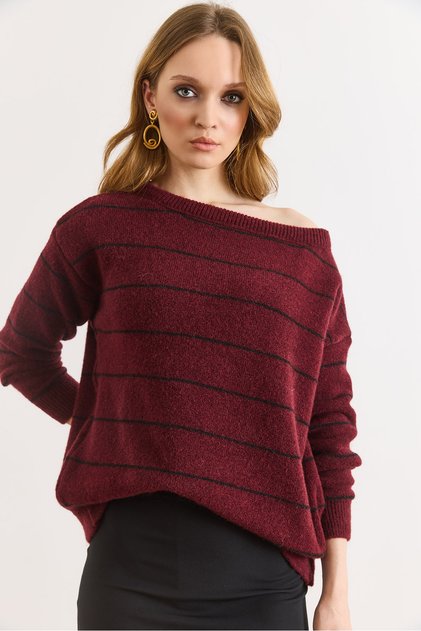 Women's Burgundy Boat Neck Striped Knitwear Sweater Kzk-19001140