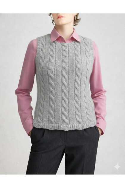 Women's Gray Hair Knitted Patterned Crew Neck Knitwear Sweater - Cropped Cut