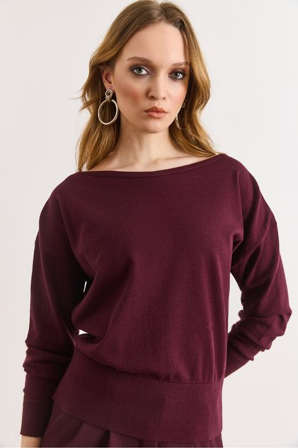 Women's Burgundy Boat Neck Viscose Soft Knitwear Sweater Kzk-19001135