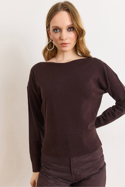 Women's Brown Boat Neck Viscose Soft Knitwear Sweater Kzk-19001135
