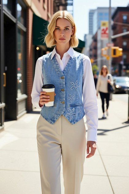 Women's V-Neck Sleeveless Denim Vest Floral Embroidered Regular Fit 100 Unlined Daily Use %100 Cotton