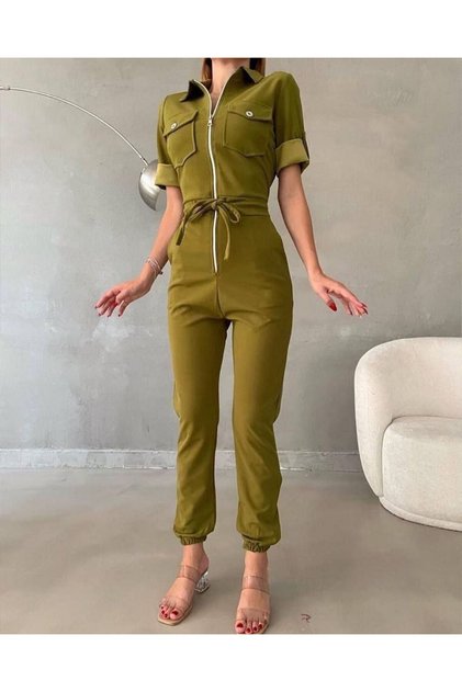 Women's Imported Crepe Fabric Zippered Pocket Detail Belted Jumpsuit (Color Options)