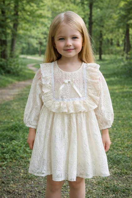 Girls' Robodan Ruffled Lined Lace Dress
