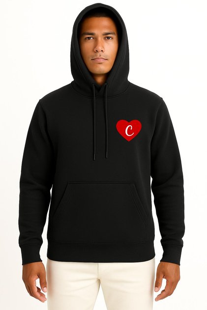 Hooded Valentine's Day Special Heart Inside Letter C Pocket B Printed Unisex Sweatshirt
