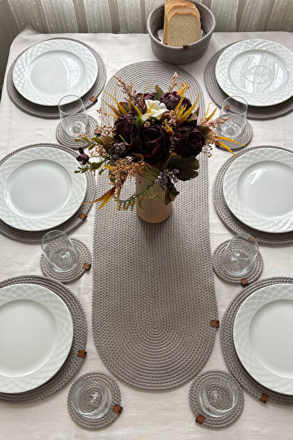 14 Piece Gray Runner, Placemat, Coaster Set - 6 Placemats, 1 Runner, 6 Coasters, 1 Bread Basket