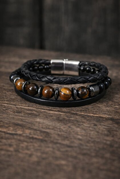 Special Tiger's Eye Leather Men's Bracelet with Natural Stones for Lovers