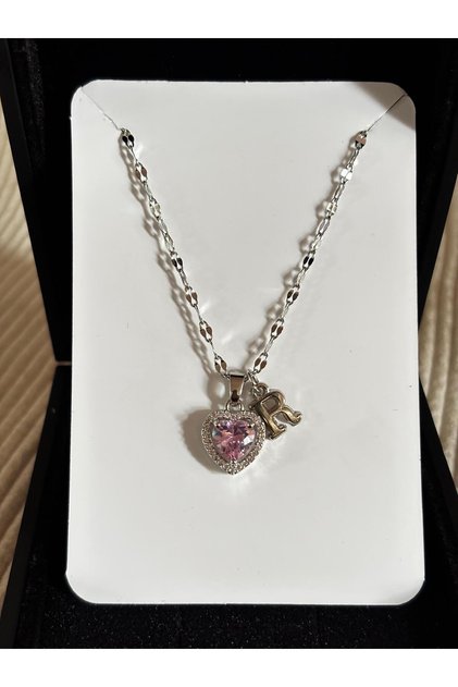 Steel Pink Heart Letter R Women's Necklace