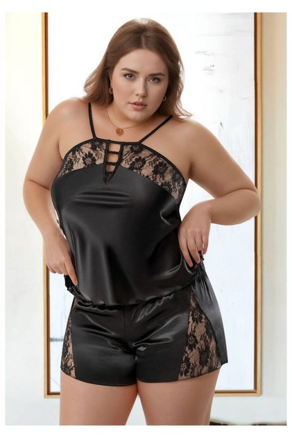 Women's Plus Size Black Satin Shorts Pajama Set Halter Neckline Ruched