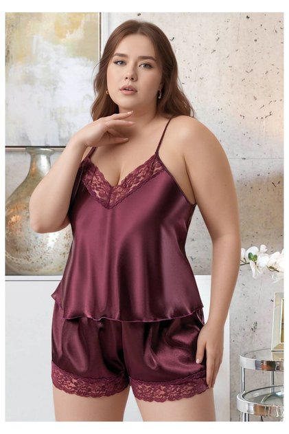 Women's Plus Size Plum Satin Shorts Pajama Set with Lace