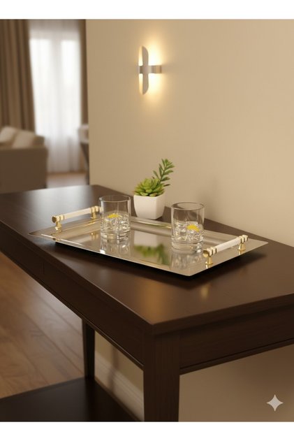 İnci Ikramlık Sunumluk Çay Ve Servis Tepsisi 30 X 45 Cm Beyaz - Altın