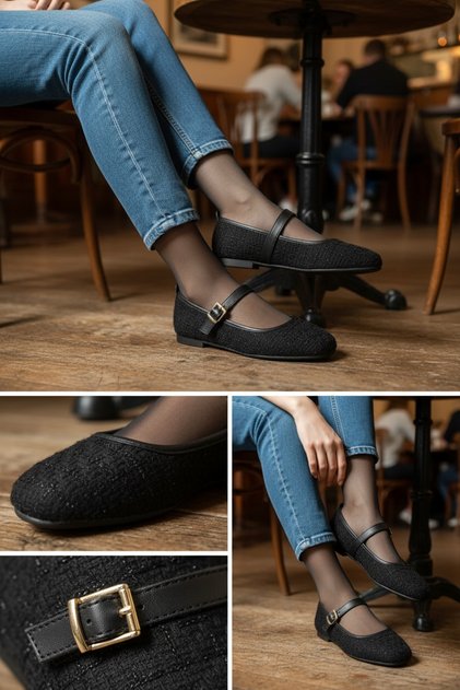 Women's Black Tweed Fabric Casual Daily Comfortable Flat Sole Classic Trendy Slip-On Ballet Flats