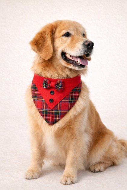 Special Design Dog Bandana with Bow Tie – Plaid Pattern, Stylish Accessory with Three Snaps Red (Large Breed)