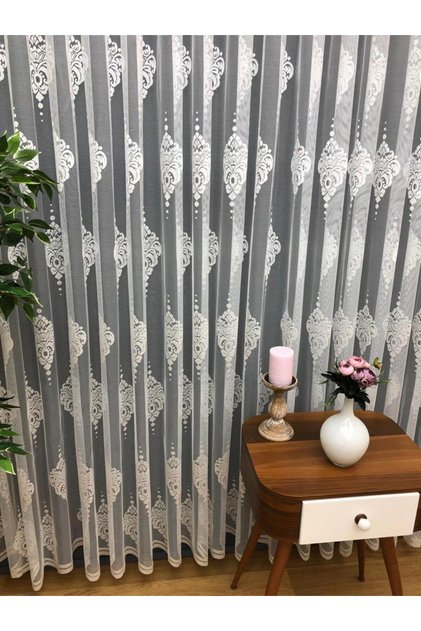 Damask Collection Tulle Curtain | Off-White | 1X3 Dense Pleats | Damask Patterned Elegant Design | Decorative Tulle Curtain