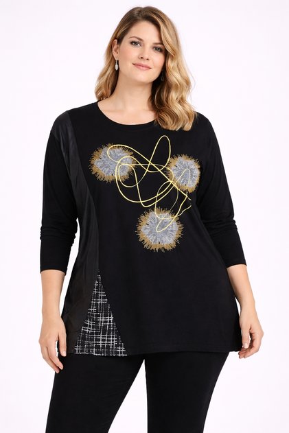 Women's Plus Size Black, Low Sleeve, Printed , Crew Neck Viscose Blouse 65N39349