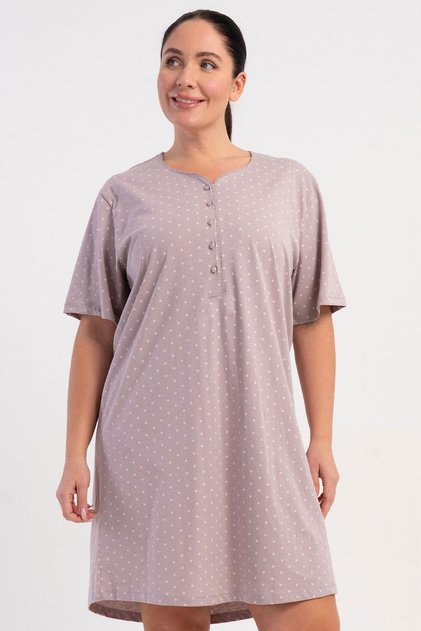 Women's Large Size Half Button Short Sleeve Polka Dot Nightgown Tunic Light Coffee C5T2N0015