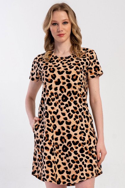 Women's Short Sleeve Leopard Patterned Nightgown Tunic C2T0N3305