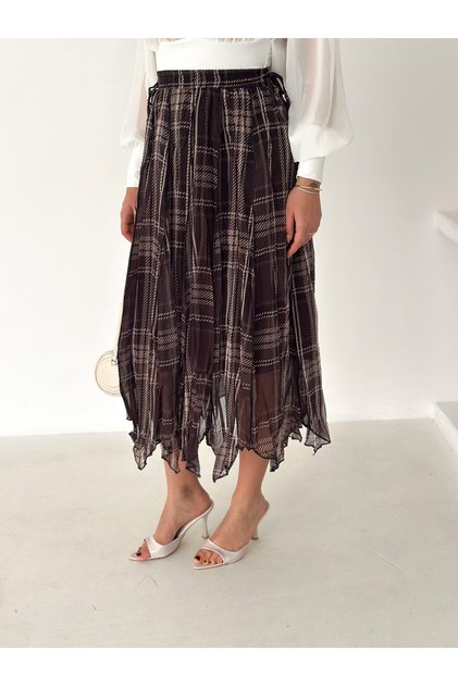 Vintage Patterned Lined Pleated Stylish Chiffon Skirt
