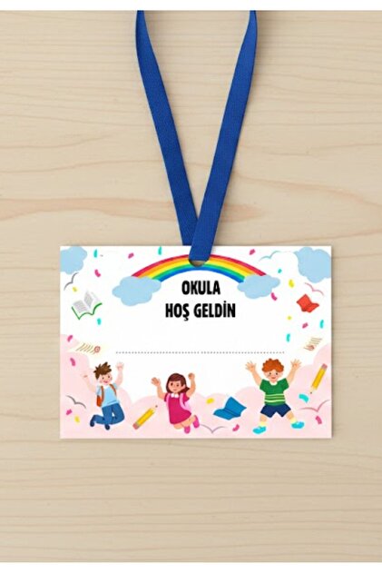 18 adet Okuluna Hoşgeldin Yaka İsimlik Kartı Sınıf Kartı Delikli 7x9 cm