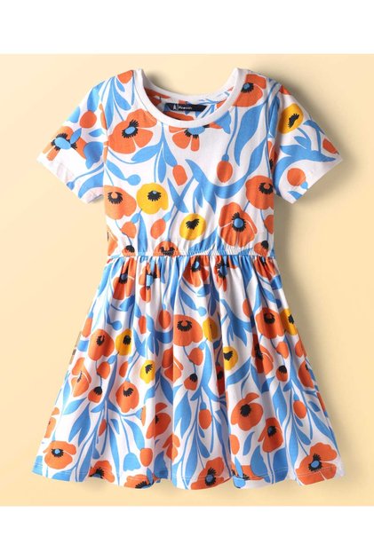 Cotton Knit Half Sleeves Frock With Floral Print - Multicolor