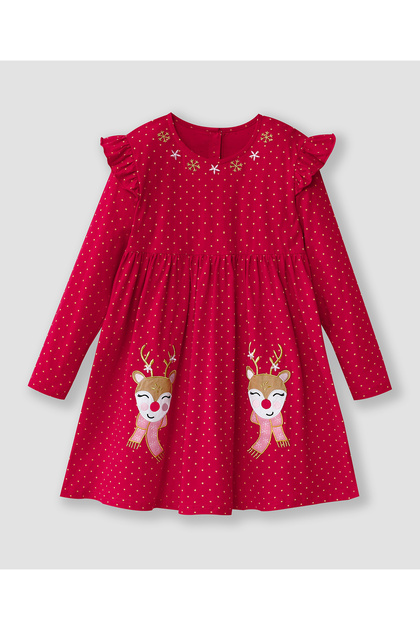 100% Cotton All Over Patch Appliques Christmas Theme Frill Detailed Full Sleeve Frock - Red