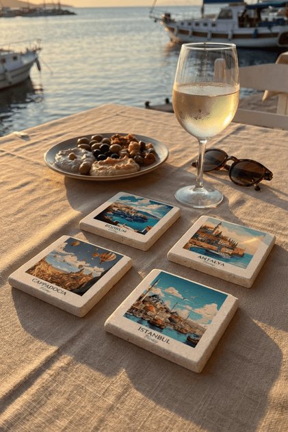 Bodrum, Antalya, Istanbul and Cappadocia Themed Natural Stone Coasters Set of 4