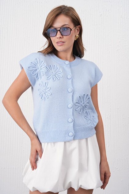 Women's Crew Neck Button Detail Knitted Patterned Knitwear Jacket 8602Sw
