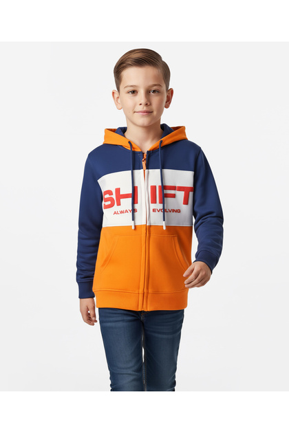 Cotton Knit Full Sleeve Designed Hooded Sweatjacket Text Print Pocket-Orange, Blue&White