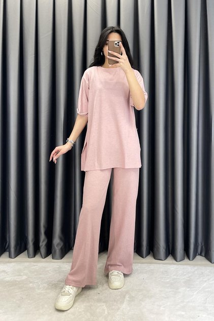 Ribbed Knit Casual Set - Powder Pudra