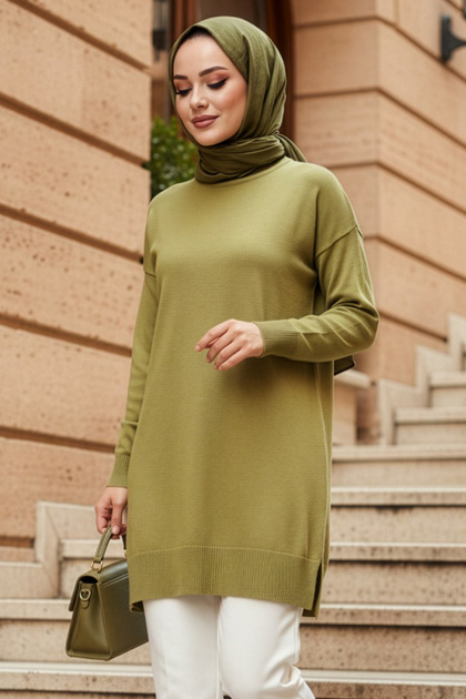 トップス Turtleneck Sage Cat & Mouse 3y N.S NEVA STYLE Yağ Yeşili Tesettür Triko Kazak Tunik 17203YY