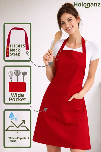Kitchen Apron Stain Resistant Water Repellent Fabric Red Apron with Snap Fasteners and Neck Strap