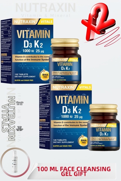 Supplementary Food Containing Vitamin D3 K2 120 Tablets (2 Pcs) + 100 ml Facial Cleansing Gel Gift