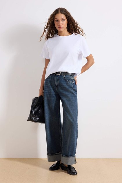 Koyu Mavi Katlı Paça Normal Bel Loose Baggy Jeans TWOSS25JE00001