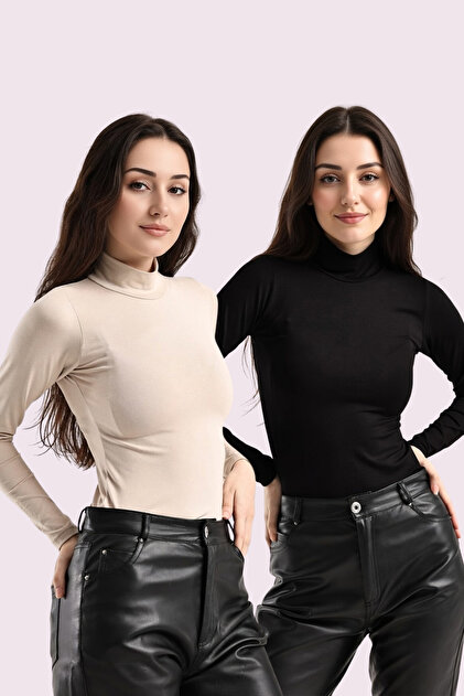 Kadın Krem Siyah 2'li Uzun Kol Body