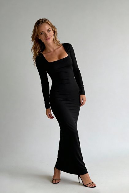 Black U-Neck Long Sleeve Body-Hugging Stylish Casual Long Dress