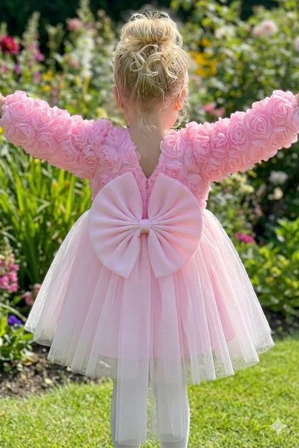 Baby Girl Long Sleeve Bow Rose Birthday Party Wedding Special Occasion Formal Dress for Girls