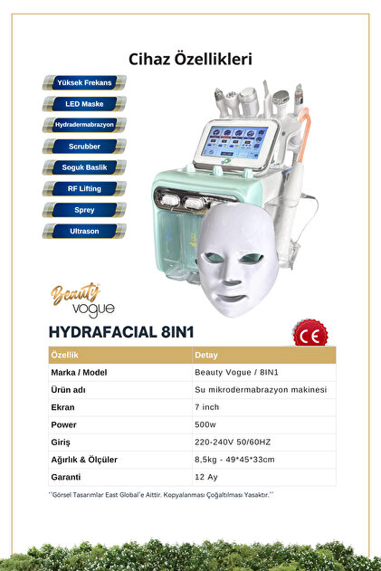 East Medical Hydrafacial 8 in 1 Led maskeli + Yüksek Frekans