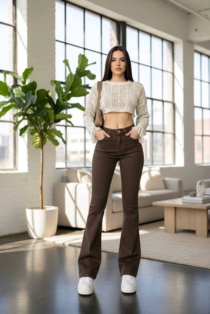 Kadın Kahverengi Ispanyol Paça Kot Pantolon Yüksek Bel Jeans Flare Jean
