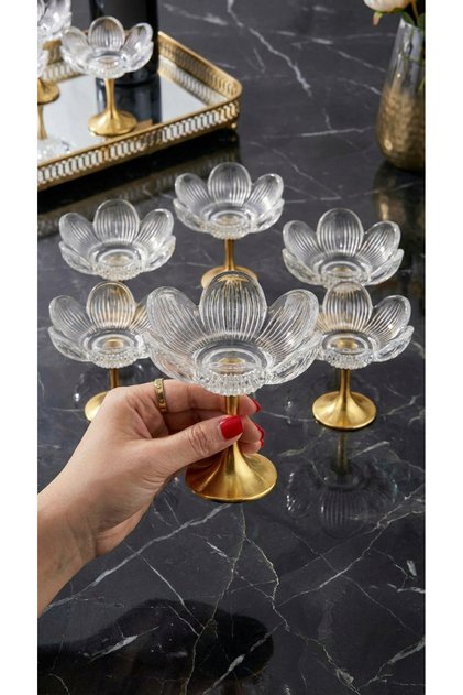 Long Metal Gold Footed Lotus Flower Coffee Side Glass Turkish Delight and Dragee Bowl Set - 6 Items