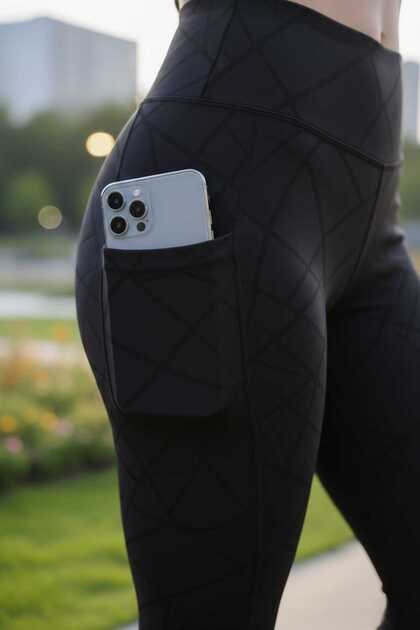 Black Patterned High-Waist Shaping Scuba Fabric Phone Pocket Geometric Patterned Leggings