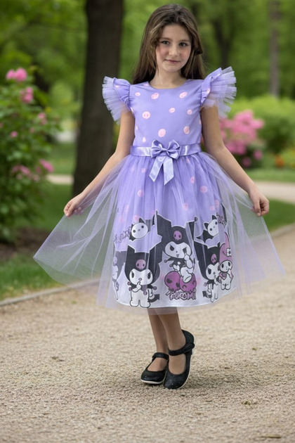 Kuromi Girls' Dress Soft Crepe Ruffled Square Neck Summer Children's Dress