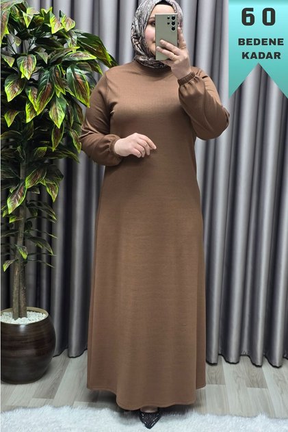 Women's Plus Size Judge Collar Sleeves Gathered Corded Fabric Nevra Dress