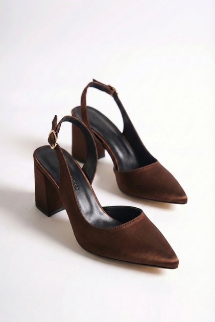 Women's Brown Satin Fabric Asymmetrical Strap Pointed Toe Thick Heeled Shoes
