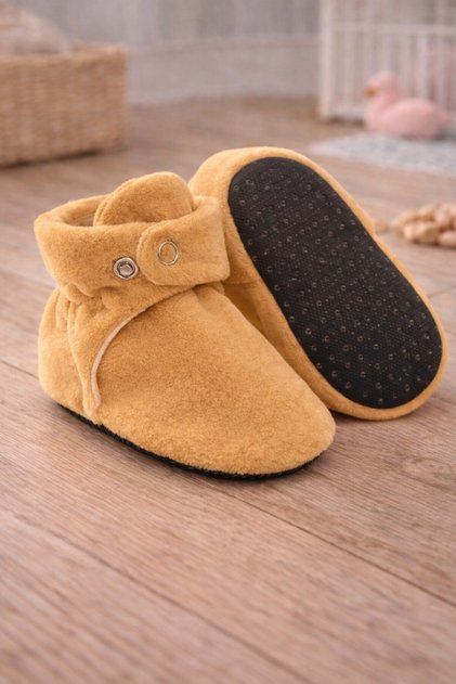 Organic Cotton Lined, Baby First Step Shoes, Non-Slip Sole, Baby Slippers, Light Brown Booties