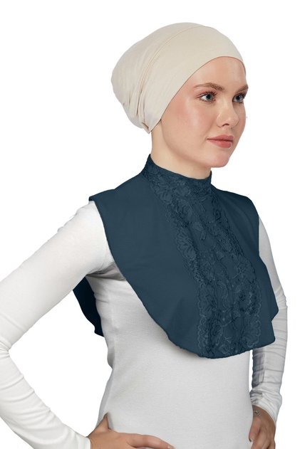 Women's Combed Cotton Hijab Circle Collar Lace Neck Collar - Petrol Color