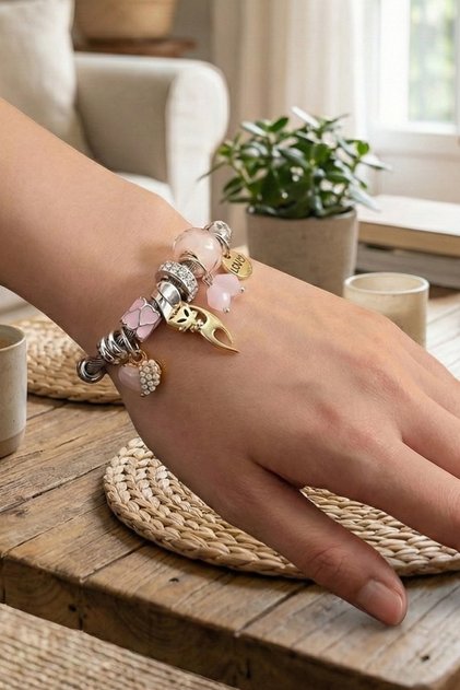 Silver Colored Pink Charm Bracelet - Modern Design, Heart and Cat Figure with Stone Detail