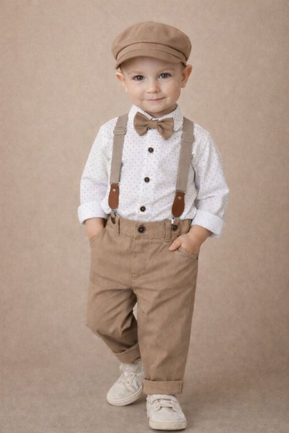 Askı Kemerli Şapkalı Papyonlu Likralı Gabardin Pantolon Keten Gömlek 5li Erkek Bebek Takım