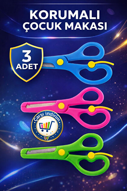 3 Adet Plastik Korumalı Çocuk Makası Küt Uçlu Yaylı Güvenli Okul Öğrenci Makası