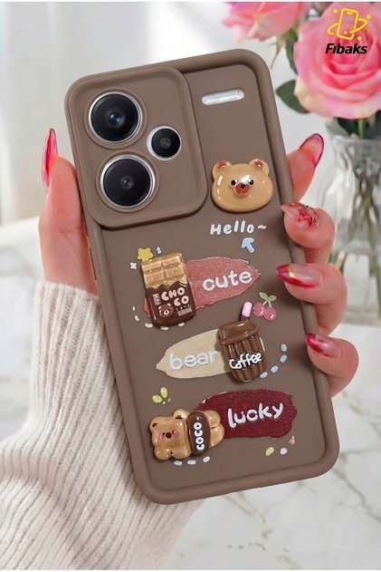 Redmi Note 13 Pro Plus 5g Case Designed Patterned Camera Protection Teddy Bear Coffee Soft Silicone Cap