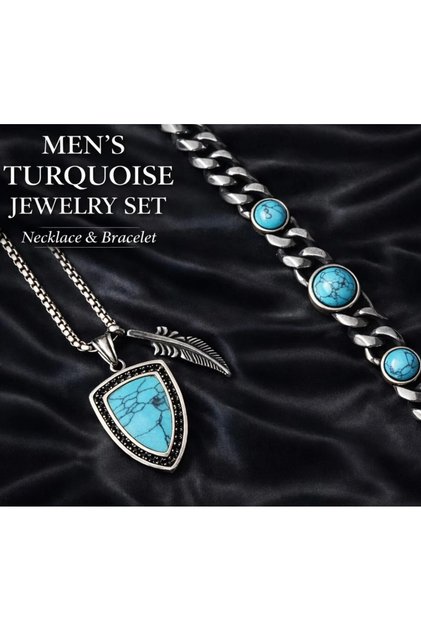 Men's Turquoise Stone Necklace and Bracelet Set – Men's Jewelry Set with Stainless Steel Chain