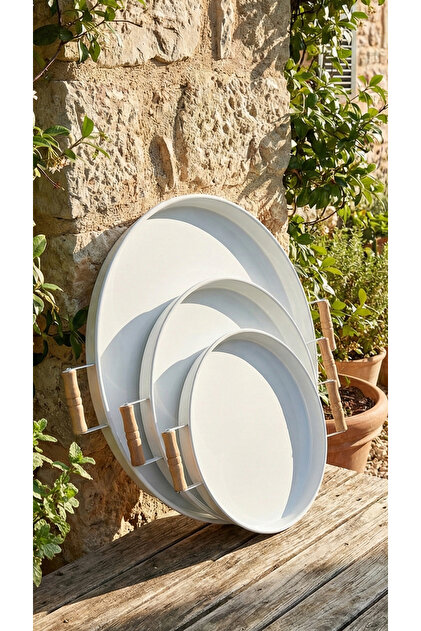 3 Piece Round Presentation Tray with Wooden Handles (45cm-37cm-30cm,) (Made in Turkey)
